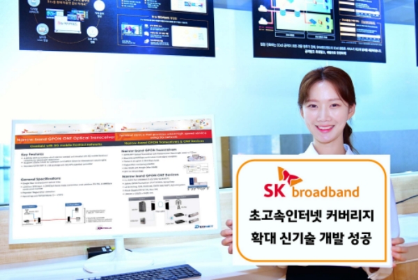 SK브로드밴드 모델이 초고속인터넷 커버리지 확대 신기술 개발에 성공한 것을 알리고 있다. /사진=SK브로드밴드