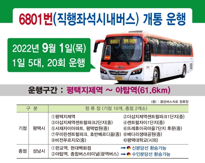 9월 1일부터 개통 운행하는 광역버스 6801번 노선 안내문.(사진=평택시)